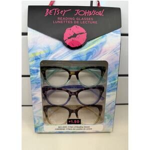BETSEY JOHNSON 3 PACK PREMIUM READING GLASSES READERS +1.50 Cat Eye Retro NEW